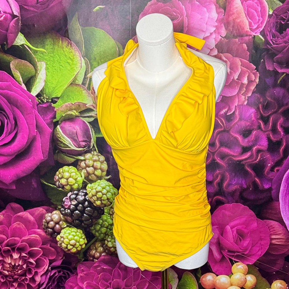 Ellen Tracy Bright Yellow Ruffle Halter One-Piece Swimsuit